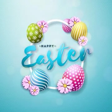 Vector Illustration of Happy Easter Holiday with Painted and Spring Flower on Illustrazione stock