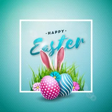 Vector Illustration of Happy Easter Holiday with Painted Egg, Rabbit Ears and Stock Illustration