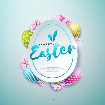 Vector Illustration of Happy Easter Holiday with Painted and Spring Flower on Stock Illustration