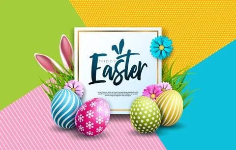 Vector Illustration of Happy Easter Holiday with Painted Egg, Rabbit Ears and Stock Illustration