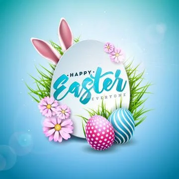 Vector Illustration of Happy Easter Holiday with Painted Egg, Rabbit Ears and Stockillustratie