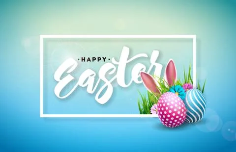 Vector Illustration of Happy Easter Holiday with Painted Egg, Rabbit Ears and Illustrazione stock