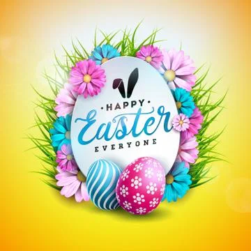 Vector Illustration of Happy Easter Holiday with Painted and Spring Flower on Stock Illustration