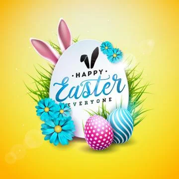 Vector Illustration of Happy Easter Holiday with Painted Egg, Rabbit Ears and Stock Illustration