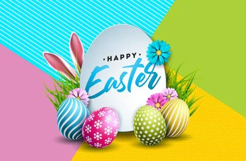 Vector Illustration of Happy Easter Holiday with Painted Egg, Rabbit Ears and Illustrazione stock