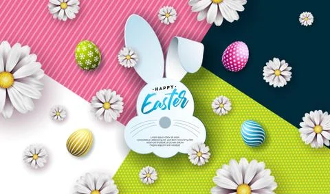 Vector Illustration of Happy Easter Holiday with Painted Egg, Rabbit Ears and Stock Illustration