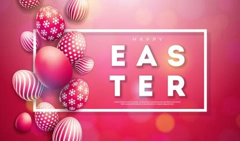 Vector Illustration of Happy Easter Holiday with Painted Egg on Shiny Red Stock Illustration