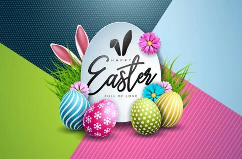 Vector Illustration of Happy Easter Holiday with Painted Egg and Spring Flower Stock Illustration
