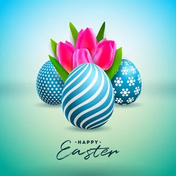 Vector Illustration of Happy Easter Holiday with Painted Egg and Tulip Flower on Illustrazione stock