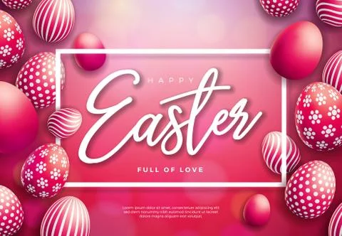 Vector Illustration of Happy Easter Holiday with Painted Egg on Shiny Red Stock Illustration