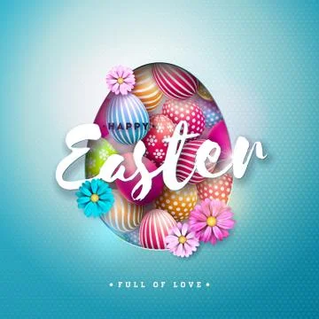 Vector Illustration of Happy Easter Holiday with Painted Egg, and Spring Flower Stock Illustration