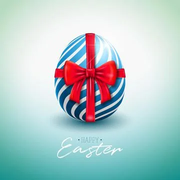 Vector Illustration of Happy Easter Holiday with Painted Egg, Red Bow and Ribbon Stock Illustration