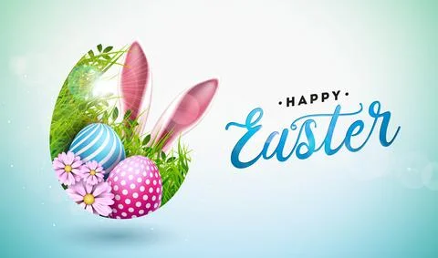 Vector Illustration of Happy Easter Holiday with Painted Egg, Rabbit Ear and Stock Illustration