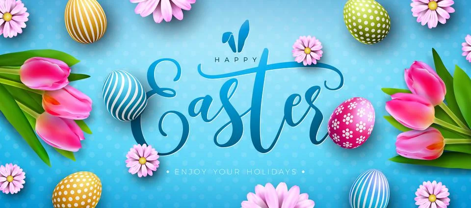 Vector Illustration of Happy Easter Holiday with Colorful Painted Egg, Tulip and イラスト素材