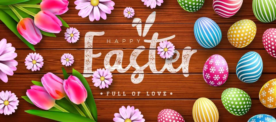 Vector Illustration of Happy Easter Holiday with Colorful Painted Egg, Tulip and Stock Illustration