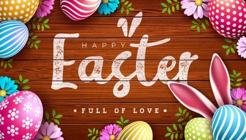 Vector Illustration of Happy Easter Holiday with Colorful Painted Egg, Rabbit Illustrazione stock