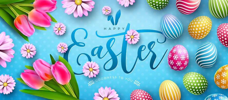 Vector Illustration of Happy Easter Holiday with Colorful Painted Egg, Tulip and Stock Illustration
