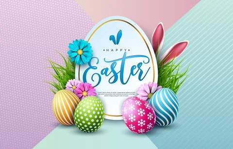 Vector Illustration of Happy Easter Holiday with Colorful Painted Egg, Rabbit Illustrazione stock