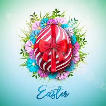 Vector Illustration of Happy Easter Holiday with Painted Egg, Red Bow and Spring Stock Illustration