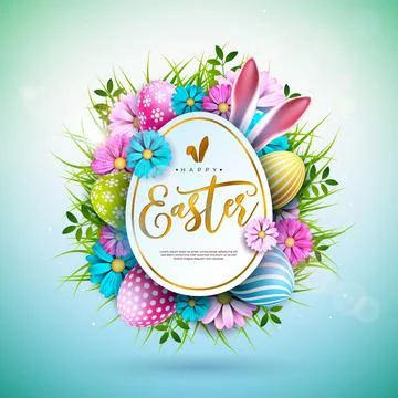 Vector Illustration of Happy Easter Holiday with Painted EggRabbit Ears and Stock Illustration