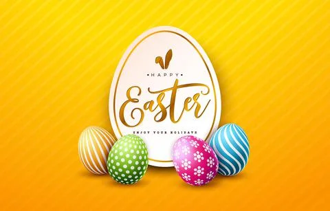 Vector Illustration of Happy Easter Holiday with Painted Egg on Shiny Yellow Stock Illustration