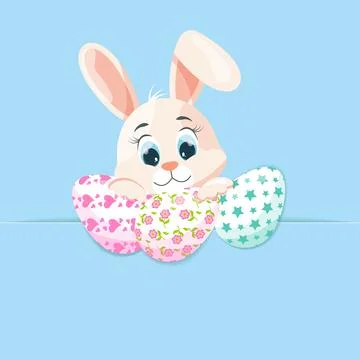 Vector illustration of happy easter holiday with painted eggs, rabbit muzzl.. Stock Illustration