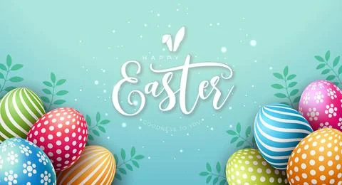 Vector Illustration of Happy Easter Holiday with Painted Egg and Green Leaves on Stock Illustration