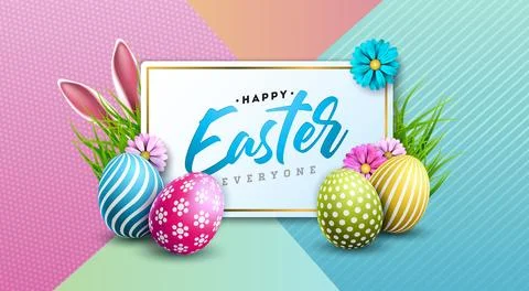 Vector Illustration of Happy Easter Holiday with Flower, Painted Egg and Rabbit Stock Illustration