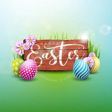 Vector Illustration of Happy Easter Holiday with Flower, Painted Egg and Rabbit Illustrazione stock