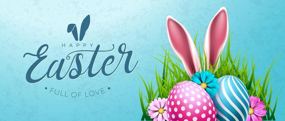 Vector Illustration of Happy Easter Holiday with Flower, Painted Egg and Rabbit Stock Illustration