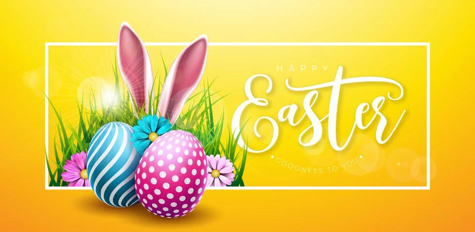 Vector Illustration of Happy Easter Holiday with Flower, Painted Egg and Rabbit Illustrazione stock