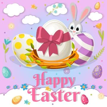 Vector illustration of Happy Easter holiday with painted egg, bunny and flo.. Illustrazione stock