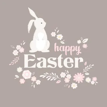 Vector illustration with Happy Easter lettering, cute bunny, flowers, leave.. Illustrazione stock