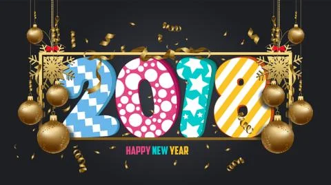 Vector illustration of happy new year 2018 wallpaper gold balls and black col Illustrazione stock