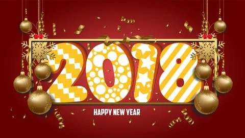 Vector illustration of happy new year 2018 wallpaper gold balls and colorful Stock Illustration