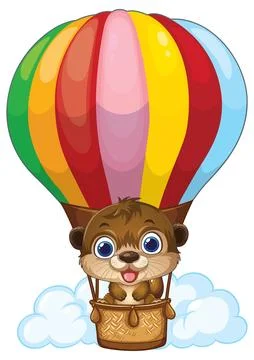 Vector Illustration of a Happy Otter in a Rainbow Hot Air Balloon Stock Illustration