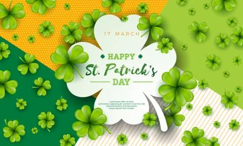 Vector illustration of Happy Saint Patricks Day with Green Falling Clover on Stock Illustration