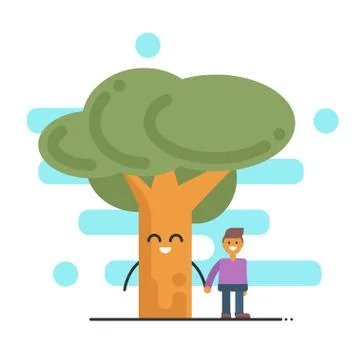 Vector illustration of happy tree and young man holding hands. Vector concept Stock Illustration