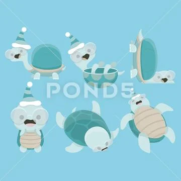 Vector illustration of Happy turtle cartoon collection set. Stock Illustration
