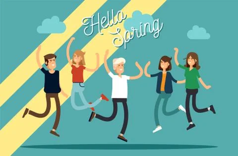 Vector illustration of happy young group of people jumping on a white background Illustrazione stock