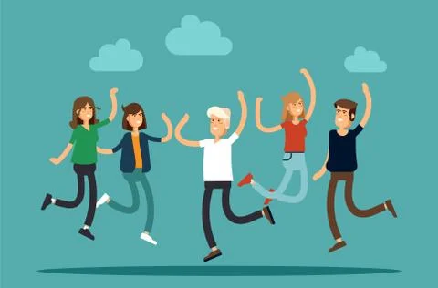 Vector illustration of happy young group of people jumping on a white background Illustrazione stock