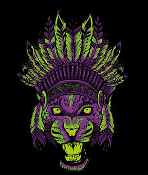 Vector illustration of head leopard bohemian chic. digital on black background Stock Illustration