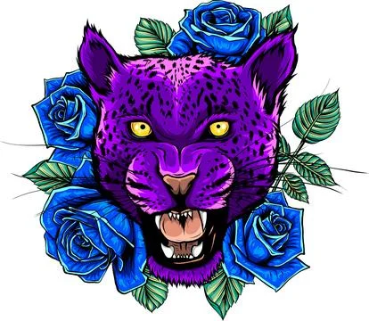 Vector illustration of head leopard with rose on white background. digital draw Illustrazione stock