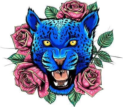 Vector illustration of head leopard with rose on white background. digital draw Stock Illustration