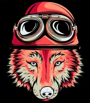 Vector illustration of head wolf with helmet on black background Illustrazione stock