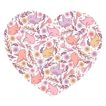 Vector illustration with heart frame from hand drawn cute birds, flowers, lea Stock Illustration