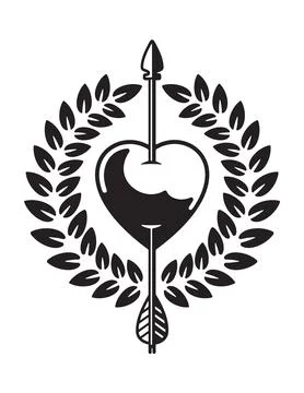 Vector illustration of heart pierced by arrow with laurel wreath. Stock Illustration
