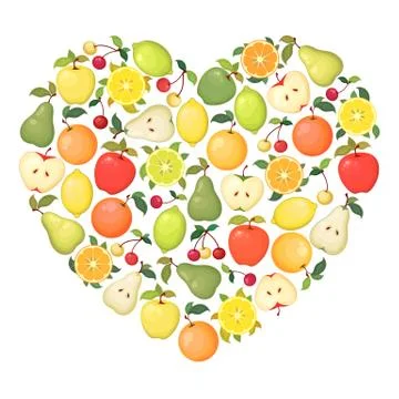 Vector illustration with heart shape made from different fruits isolated on whit Stock Illustration