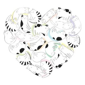 Vector illustration with heart shape made from hand drawn cute cats isolated  Stock Illustration