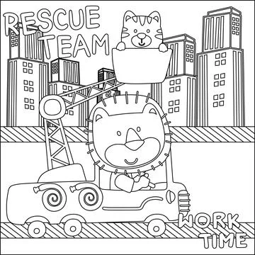 Vector illustration of heavy tool with cute little lion. 스톡 일러스트